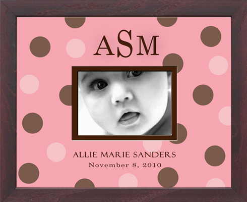 Pink with Big Chocolate Brown Dots Photo Frame Picture Decorative Nursery Decor Newborn Art Perfect Gift Name Border or Monogrammed Customized Special